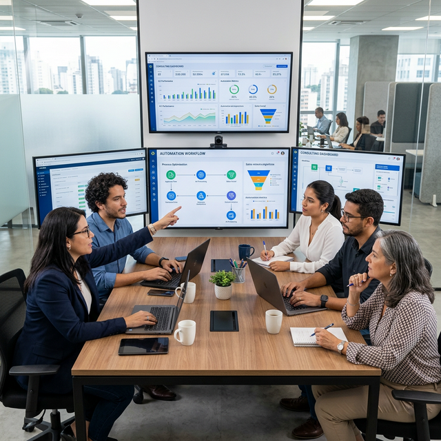 Equipo de consultoría en automatización trabajando con dashboards
